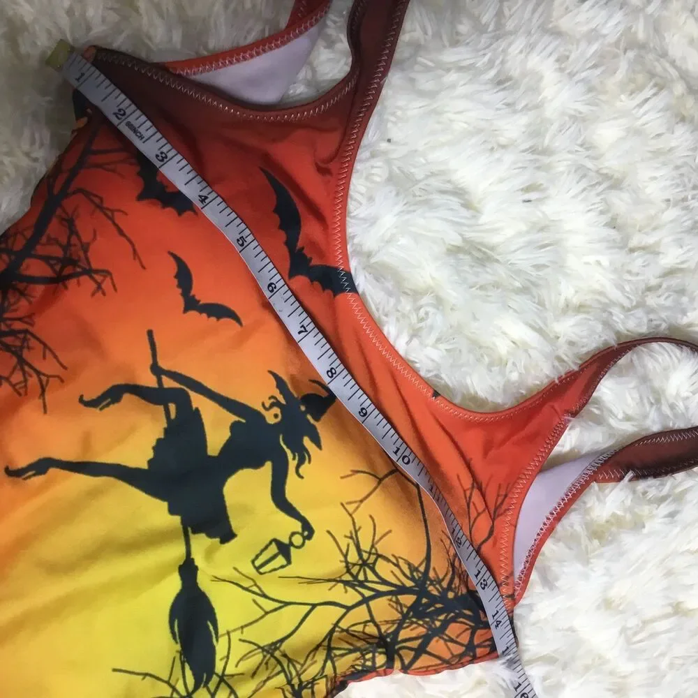 Halloween witch pumpkin bats swimsuit one piece orange yellow black silhouette S